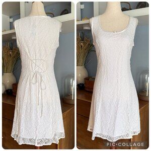 Vtg 90’s All That Jazz White Lace Mini Dress A-Line Lace-up Back Fairy Whimsy
